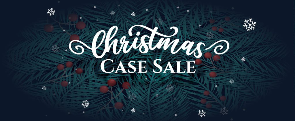 Dark background with pine bows. The words "Christmas Case Sale" in white