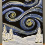 winter night in forest with swirling night sky and stars